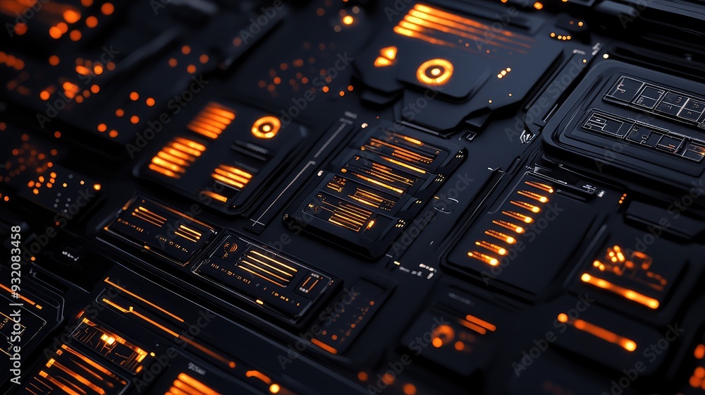 Sleek black digital interface with abstract and geometric design elements, glowing and modern. Sleek black digital interface with abstract and geometric design elements, glowing and modern.