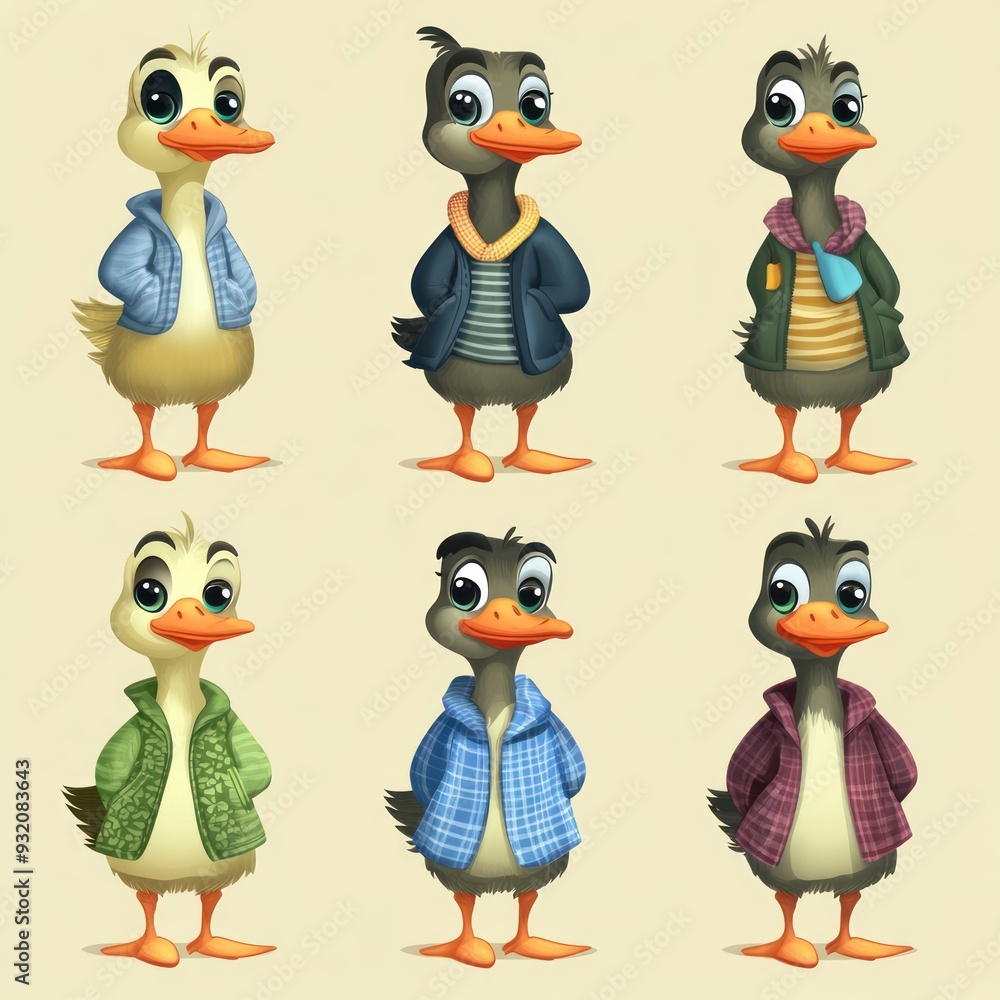 Fototapeta premium A collection of cartoon ducks in various outfits and poses.