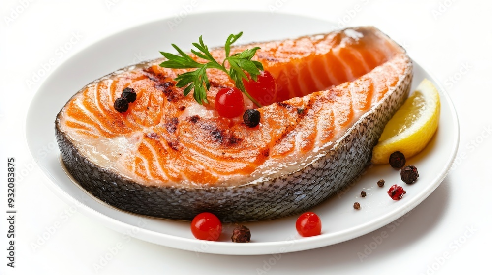Grilled Salmon Steak with Lemon and Berries, salmon, food, seafood, fish Grilled Salmon Steak with Lemon and Berries, salmon, food, seafood, fish