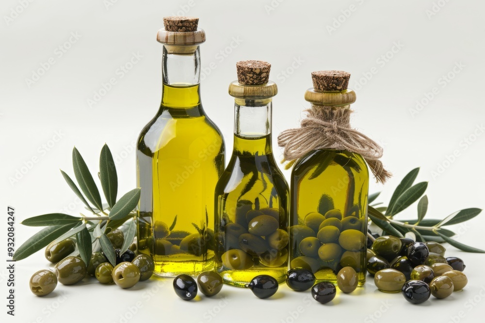 Elegant bottles of olive oil with fresh olives and leaves. Simple and authentic. Ideal for culinary and healthy living visuals. Clean style. Generative AI Elegant bottles of olive oil with fresh olives and leaves. Simple and authentic. Ideal for culinary and healthy living visuals. Clean style. Generative AI