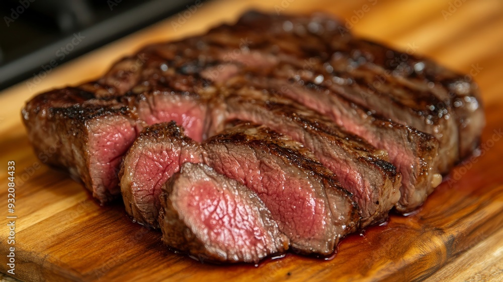 Perfectly Seared Steak on Wooden Cutting Board, Close Up, Juicy, Rare, Meat , steak , food Perfectly Seared Steak on Wooden Cutting Board, Close Up, Juicy, Rare, Meat , steak , food