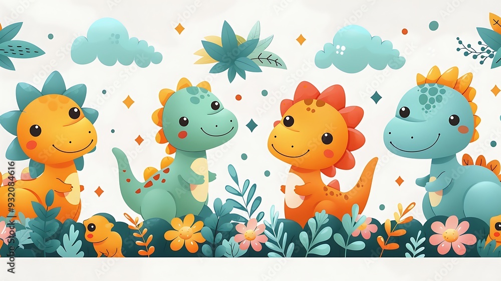 Naklejka premium A seamless pattern of playful cartoon dinosaurs, including T-Rex and Stegosaurus, in a vibrant prehistoric landscape, bright colors, rocky textures, dynamic poses, light mist, hd quality,