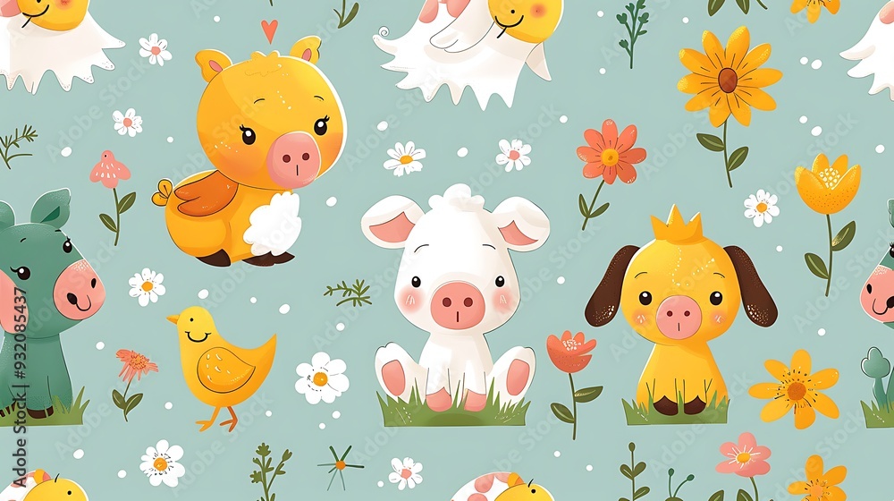 A seamless pattern of playful cartoon farm animals like cows, pigs, and chickens, frolicking in a sunny, green pasture, bright colors, detailed textures, soft sunlight, hd quality, natural look. A seamless pattern of playful cartoon farm animals like cows, pigs, and chickens, frolicking in a sunny, green pasture, bright colors, detailed textures, soft sunlight, hd quality, natural look.