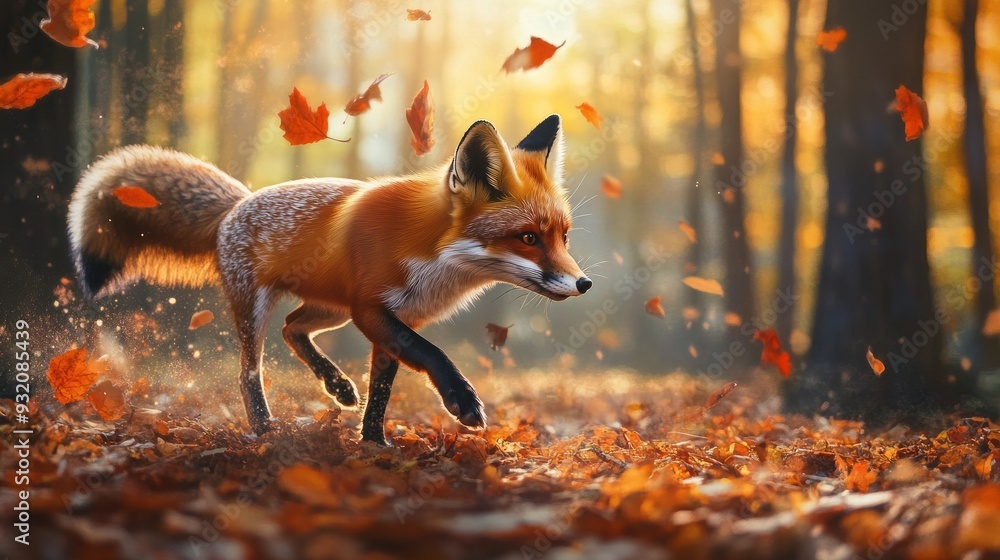 Fototapeta premium Red Fox Running Through Autumn Forest