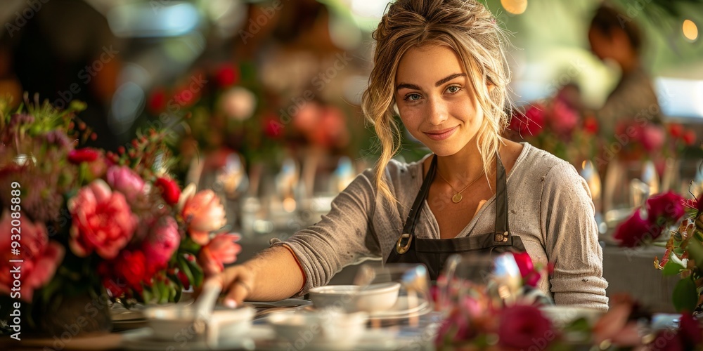 Smiling Woman Arranging Table Setting Smiling Woman Arranging Table Setting