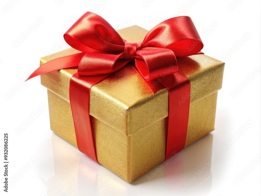 Obraz premium Elegant golden gift box adorned with a bright red bow and ribbon, set against a crisp white background, perfect for festive holiday and celebratory occasions.
