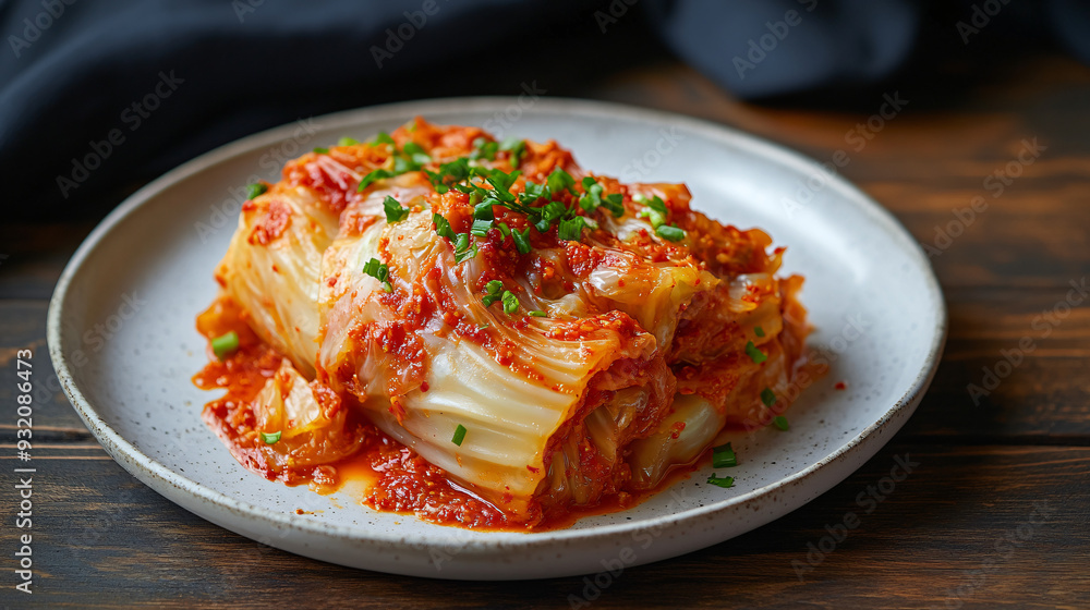 Traditional korean kimchi dish served on a plate with fresh green onions as garnish Traditional korean kimchi dish served on a plate with fresh green onions as garnish