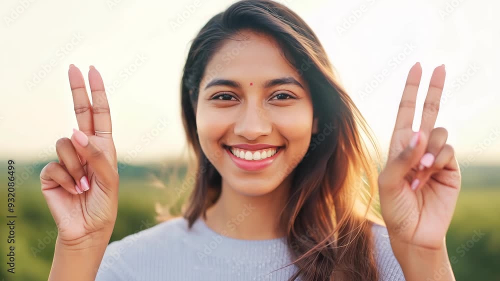 Young girl smiling and showing peace sign with both hands Young girl smiling and showing peace sign with both hands