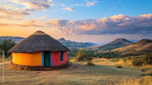A small, colorful hut sits in a grassy field. The hut is surrounded by a lush green field and a mountain range in the background. The sky is cloudy. Generative AI