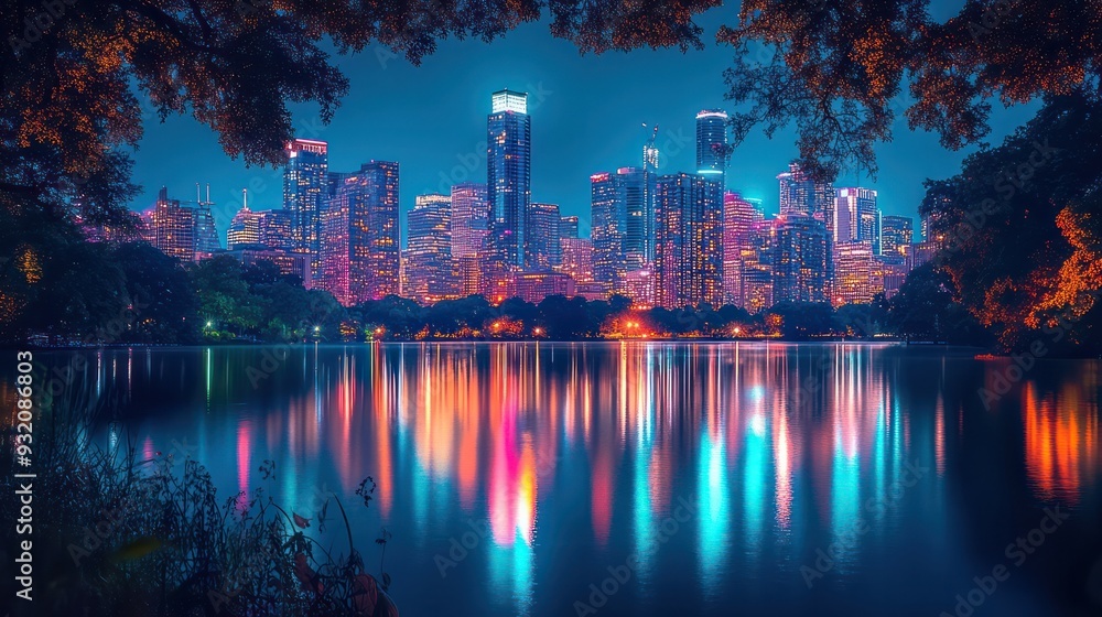 skyline at night with colorful light. Generative AI skyline at night with colorful light. Generative AI