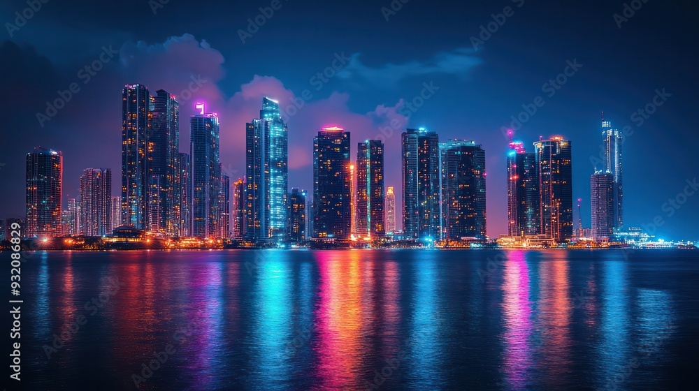 Fototapeta premium skyline at night with colorful light. Generative AI