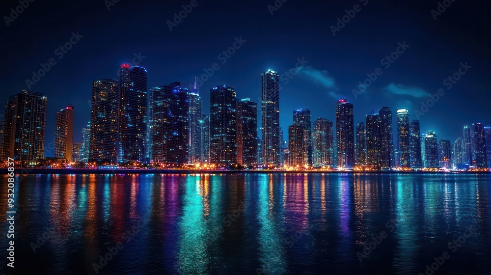 Obraz premium skyline at night with colorful light. Generative AI