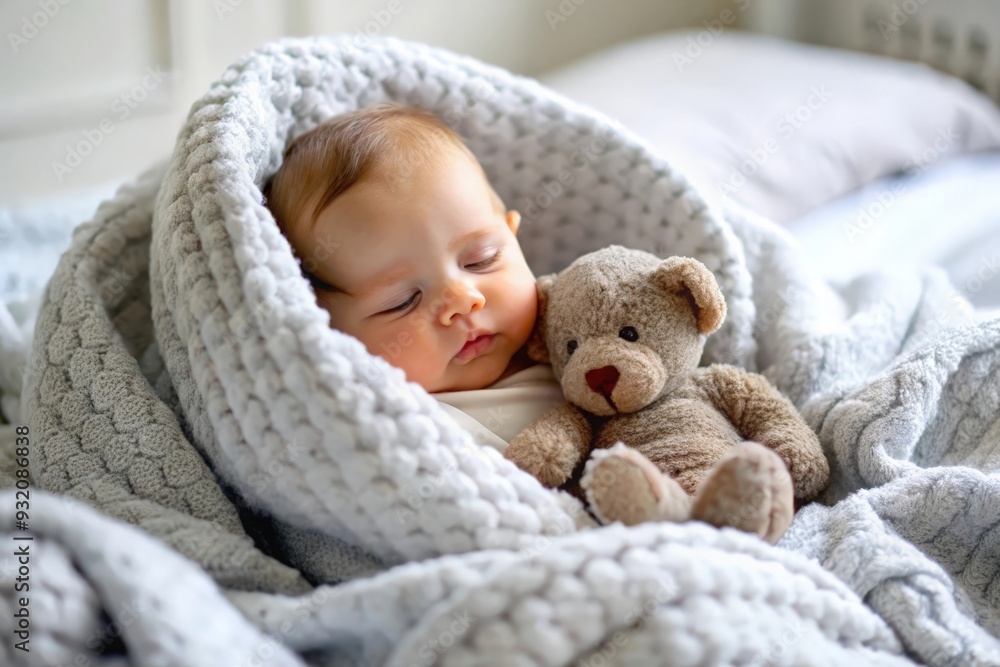 Baby with Blanket and Teddy - A cozy scene of a baby cuddled up with a soft blanket and teddy bear.
Baby with Blanket and Teddy - A cozy scene of a baby cuddled up with a soft blanket and teddy bear.