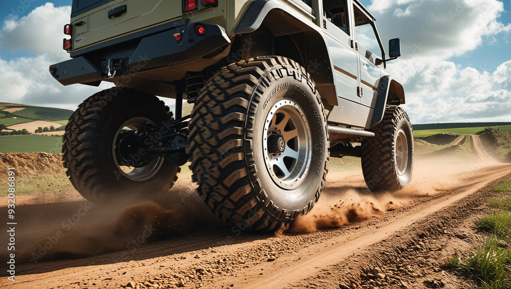 A closeup of rugged truck wheels in motion, kicking up dust along a dirt path