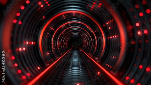 Red glowing lights inside a circular tunnel.