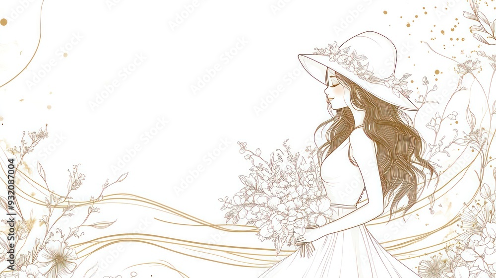 simple golden line art of wedding card, girl in white dress with flowers and hat holding bouquet. Generative AI simple golden line art of wedding card, girl in white dress with flowers and hat holding bouquet. Generative AI