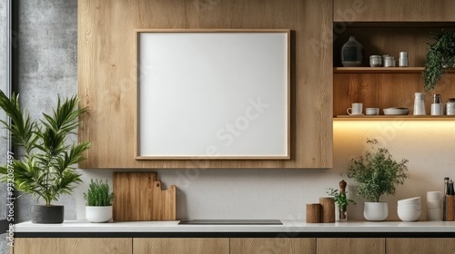 White blank frame mockup on modern kitchen wall. Generative AI