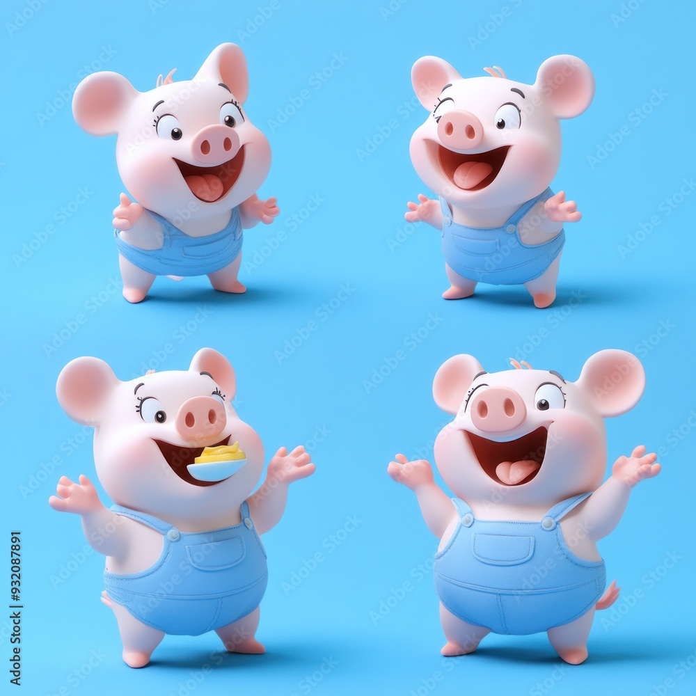 A cheerful cartoon pig character in blue overalls, expressing happiness and playfulness. A cheerful cartoon pig character in blue overalls, expressing happiness and playfulness.
