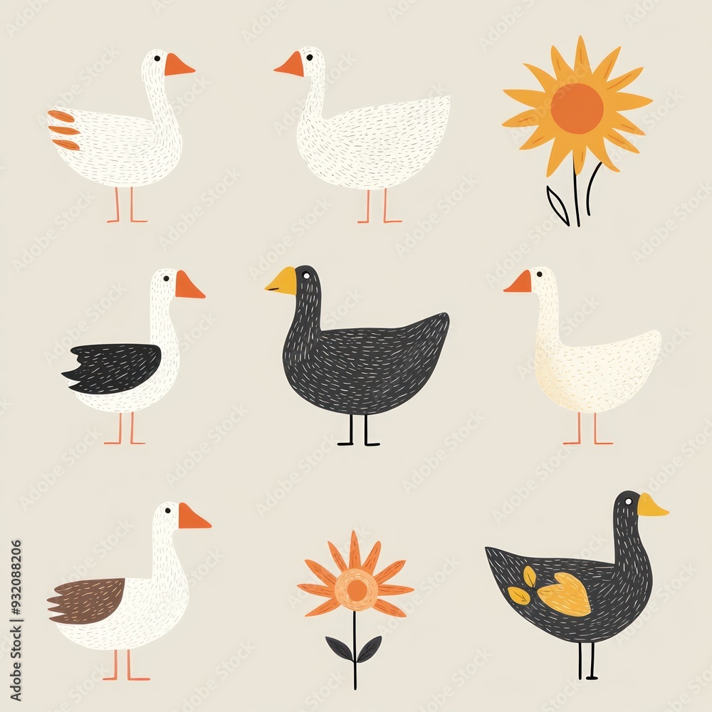 A playful arrangement of various stylized ducks and flowers on a neutral background. A playful arrangement of various stylized ducks and flowers on a neutral background.