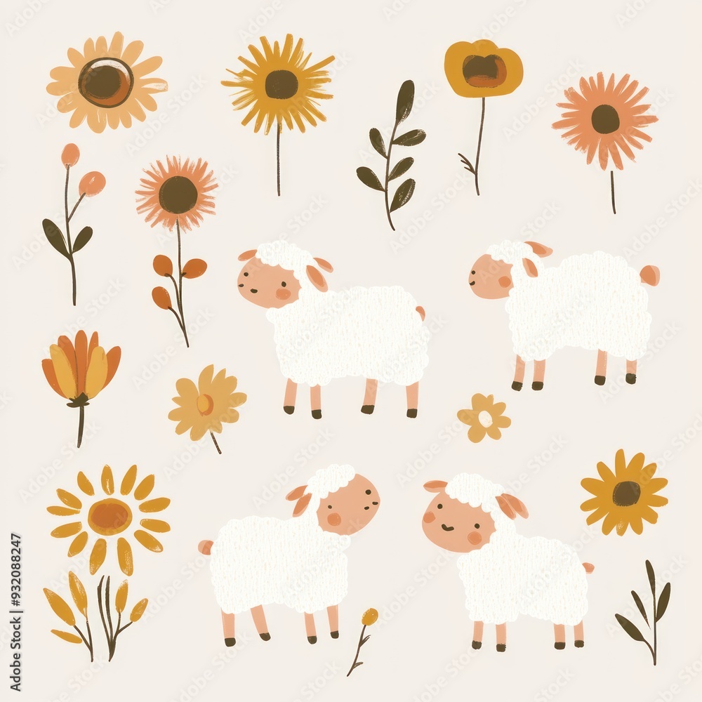 A whimsical illustration featuring sheep and various flowers in warm colors. A whimsical illustration featuring sheep and various flowers in warm colors.
