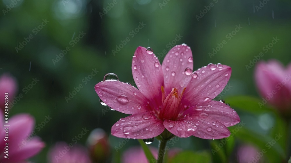 Pink flower with raindrops, forest in the background, bokeh background.