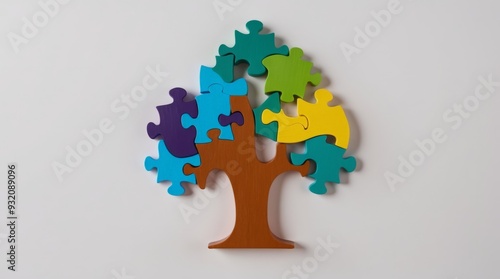 Small tree with colorful puzzle pieces, World Autism Awareness Day concept photo