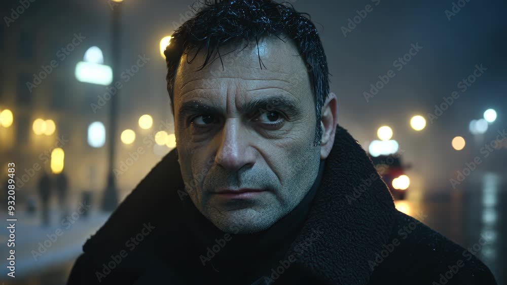 A solitary man stands under streetlights, deep in thought, as snow gently falls in a bustling urban setting A solitary man stands under streetlights, deep in thought, as snow gently falls in a bustling urban setting