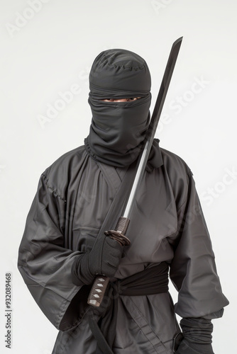 Ninja in traditional black garb holding a katana, eyes fixed ahead with cautious readiness. photo