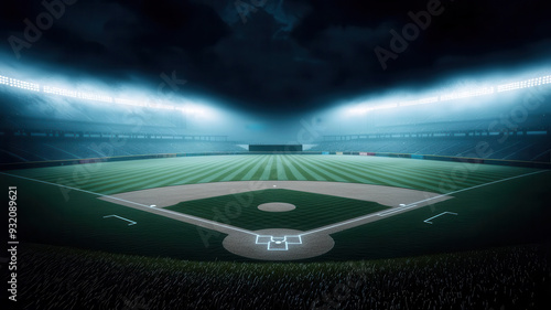 Bird seye view of a baseball stadium during a night game, stadium lights casting long shadows, film noir style, monochromatic, high contrast photo