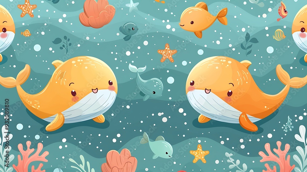 Naklejka premium A seamless pattern of playful cartoon whales and dolphins swimming together in a bright blue sea, with starfish and coral in the background, rich oceanic colors, soft shadows, hd quality,