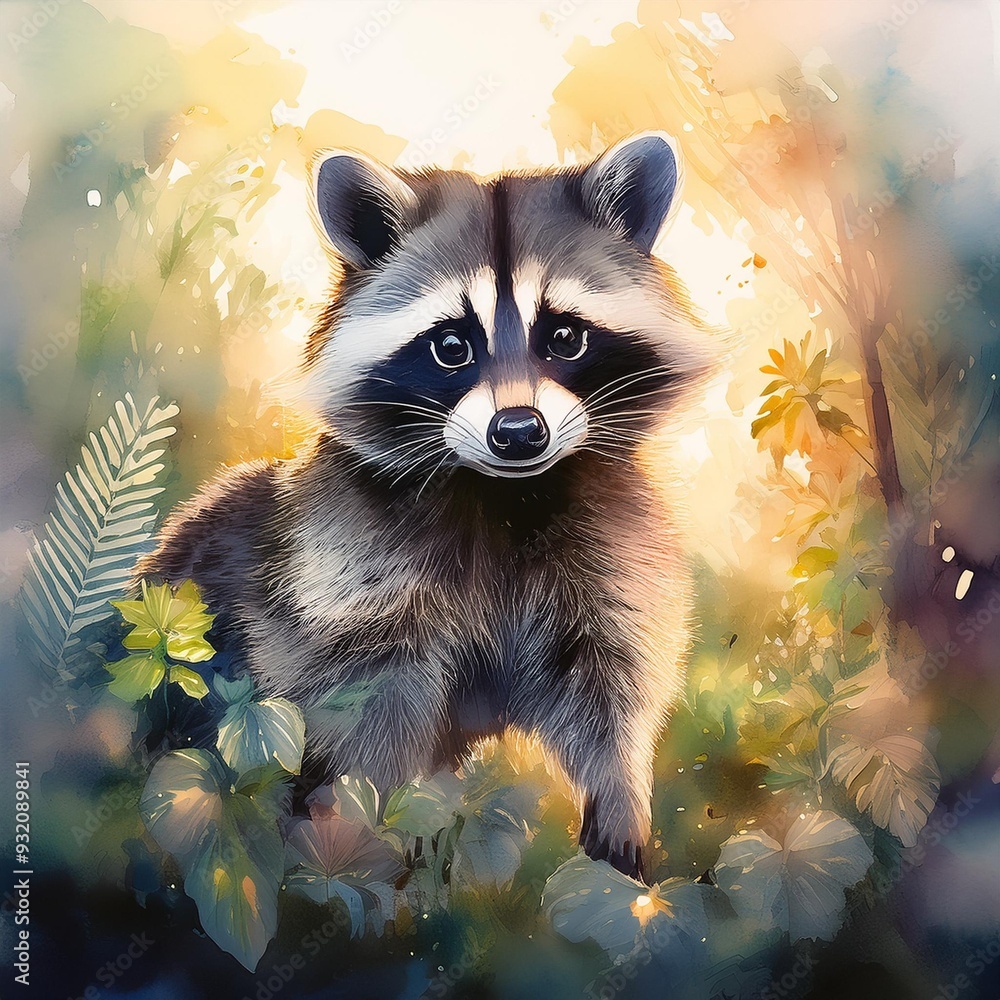 Obraz premium Watercolor Racoon in a Garden, Rain