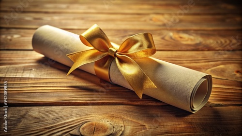 Elegant parchment scroll with intricate golden ribbon tied in a bow, lying on a rustic wooden table with a subtle warm lighting effect. photo