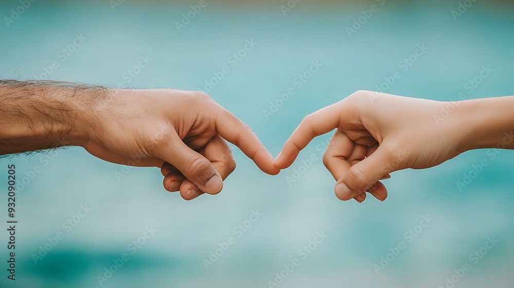 Two hands reaching out, fingers intertwined, against a soft blue background. Two hands reaching out, fingers intertwined, against a soft blue background.