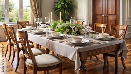 Elegant rustic wooden table covered with a crisp white linen tablecloth  perfectly set for a upscale dinner party or special occasion  with copy space.
