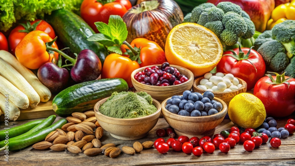 A Vibrant Still Life of Fresh Produce, Supplements, and Nuts on Rustic Wood, healthy , diet , nutrition , wellness A Vibrant Still Life of Fresh Produce, Supplements, and Nuts on Rustic Wood, healthy , diet , nutrition , wellness
