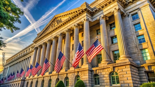 Elegant stone columns and majestic American flags adorn the stately exterior of the United States Department of Justice building in Washington DC. photo