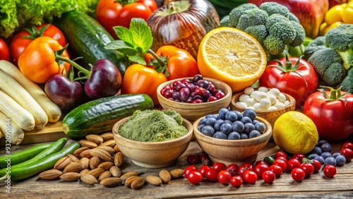 A Vibrant Still Life of Fresh Produce, Supplements, and Nuts on Rustic Wood, healthy , diet , nutrition , wellness