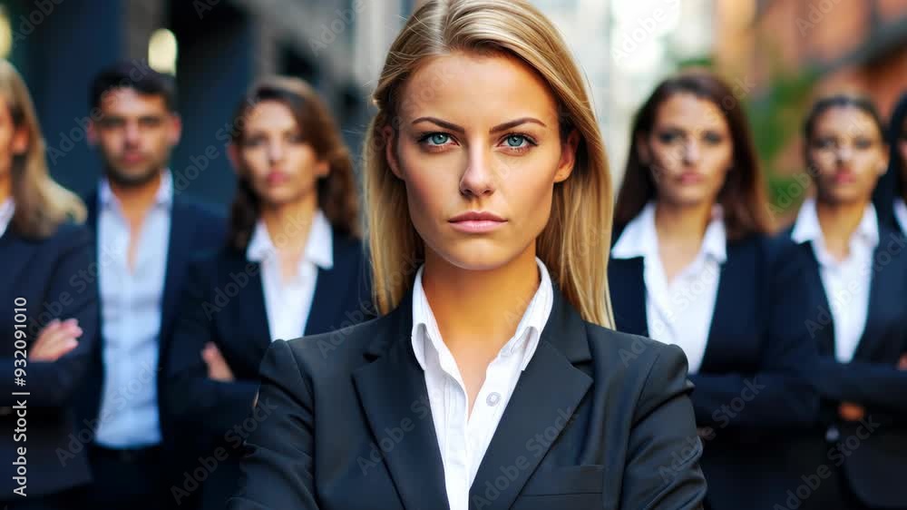 A team of five determined individuals showcases their unity and strength, each donning sleek business attire against an urban backdrop A team of five determined individuals showcases their unity and strength, each donning sleek business attire against an urban backdrop