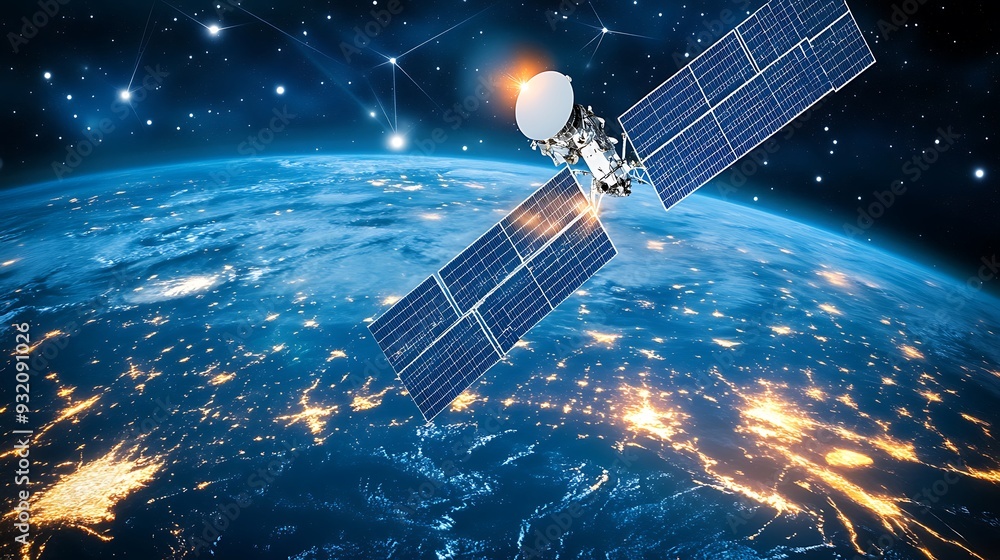 An advanced communication satellite equipped with digital signal beams and space debris avoidance systems. An advanced communication satellite equipped with digital signal beams and space debris avoidance systems.