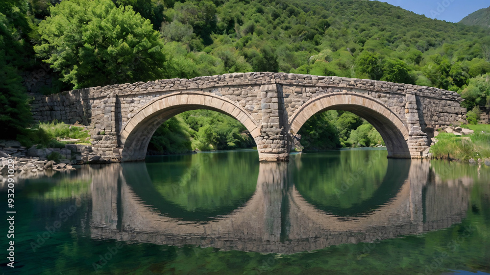 Fototapeta premium Ancient Stone Bridge with Reflective Arches Spanning a Calm River Amidst Lush Greenery and a Clear Blue Sky