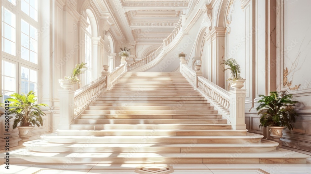 Elegant White Marble Staircase in a Grand Hall Elegant White Marble Staircase in a Grand Hall