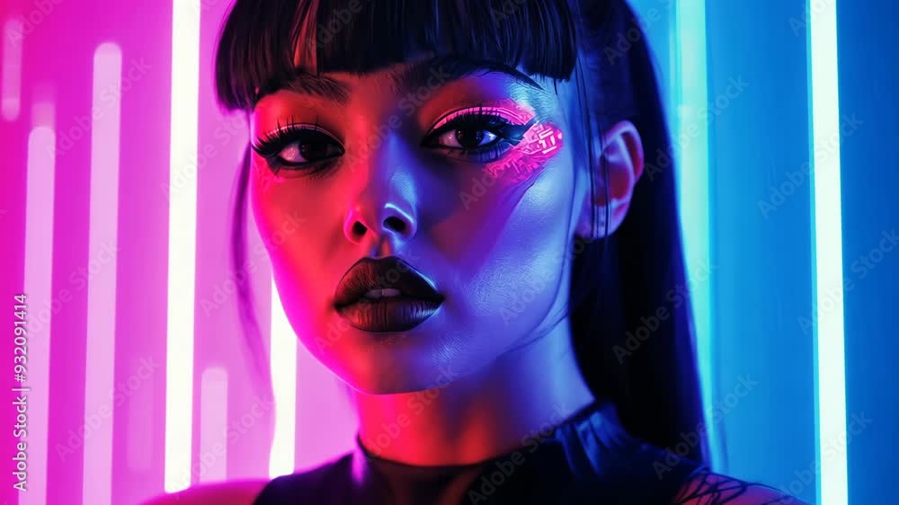 A model showcases striking makeup and a modern hairstyle, surrounded by brilliant neon hues that create an enchanting atmosphere A model showcases striking makeup and a modern hairstyle, surrounded by brilliant neon hues that create an enchanting atmosphere