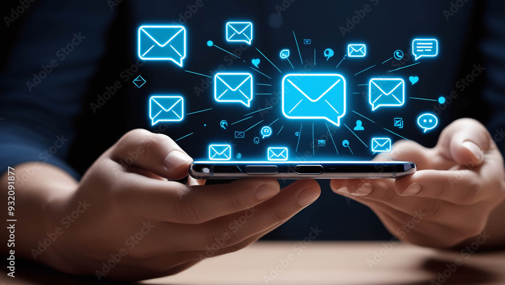 Businessman holding a smartphone with chalk drawn on the screen is receiving a new email alert icon Businessman holding a smartphone with chalk drawn on the screen is receiving a new email alert icon
