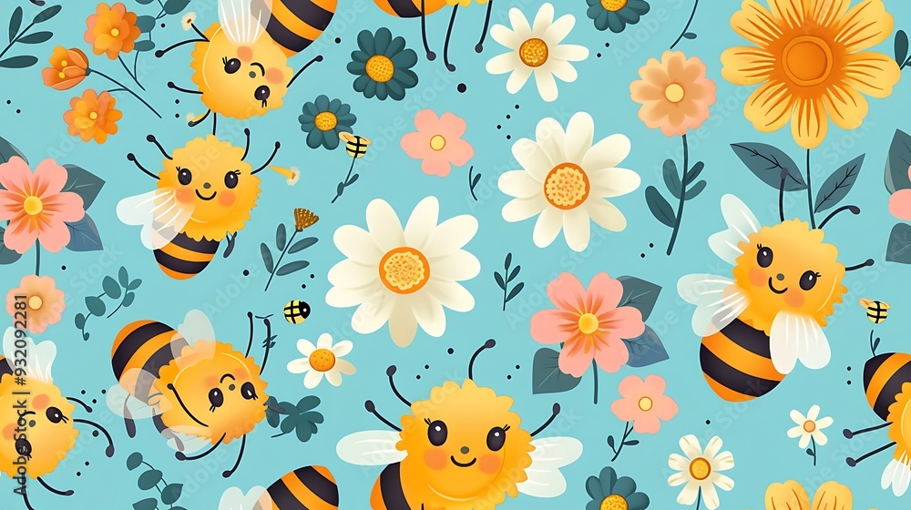 A seamless pattern of adorable cartoon bees hovering over blooming daisies and clover, with honeycombs in the background, bright and cheerful colors, detailed textures, soft lighting, hd quality, A seamless pattern of adorable cartoon bees hovering over blooming daisies and clover, with honeycombs in the background, bright and cheerful colors, detailed textures, soft lighting, hd quality,