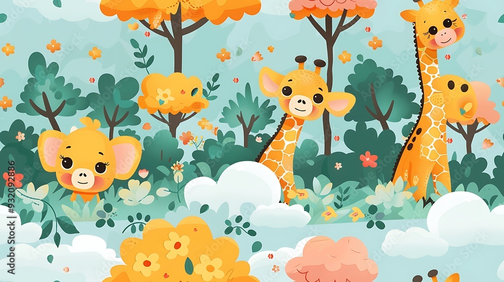 custom made wallpaper toronto digitalA seamless pattern of adorable cartoon elephants and giraffes playing in a lush savannah, with vibrant trees and a bright blue sky, rich colors, detailed textures, hd quality, natural look.