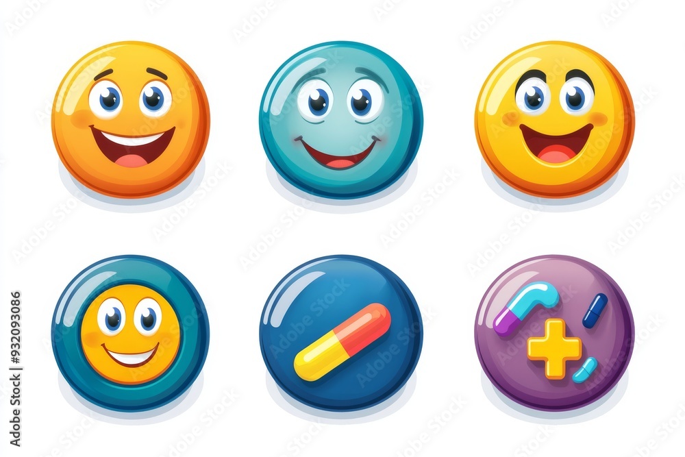A set of four emoticon like pills with different expressions on a dark background representing the range of emotions and reactions to medication A set of four emoticon like pills with different expressions on a dark background representing the range of emotions and reactions to medication