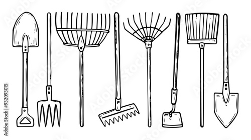 Set of gardening tools hand drawn in doodle style. Worker items for cleaning and cultivating land. Hobby gardening. Vector line art illustration.