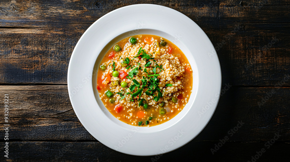 Nourishing soup with barley, vegetables, and fresh herbs in a white bowl Nourishing soup with barley, vegetables, and fresh herbs in a white bowl