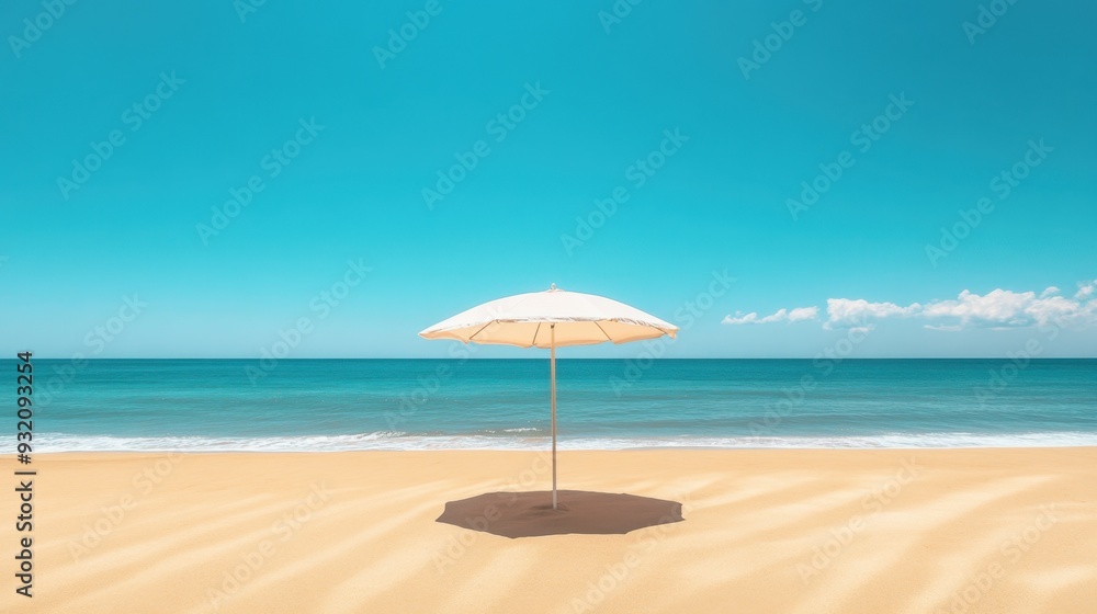 Beach umbrella casting soft shadows on golden sand, framed by the endless blue sky and ocean. Minimalist, tranquil summer vacation vibes in pastel colors Beach umbrella casting soft shadows on golden sand, framed by the endless blue sky and ocean. Minimalist, tranquil summer vacation vibes in pastel colors