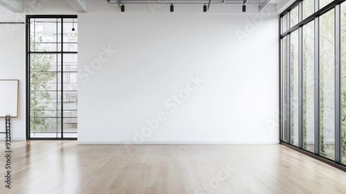Minimalist open-plan office with blank white wall and large windows  showcasing modern workspace design and natural light